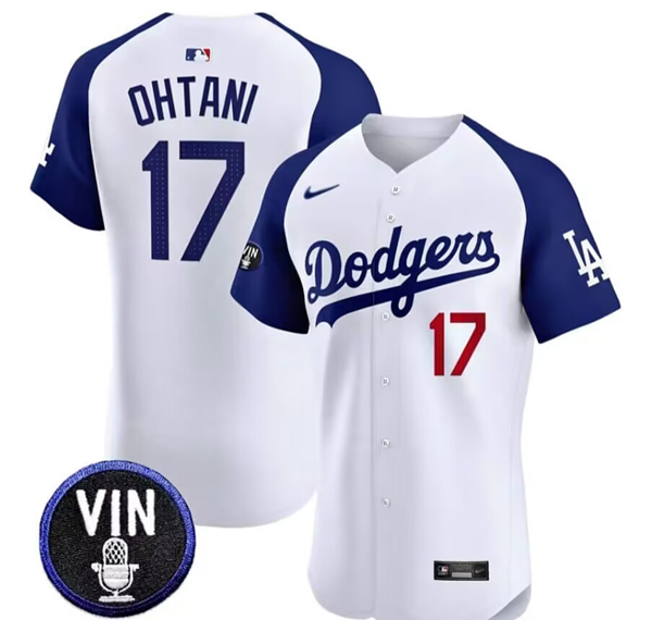 Men's Men's Los Angeles Dodgers #17 Shohei Ohtani White Vin Scully Patch Stitched Jersey Men's Men's Los Angeles Dodgers #17 Shohei Ohtani White Vin Scully Patch Stitched Jersey